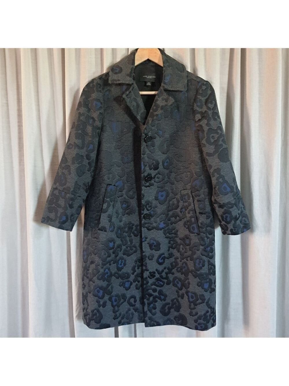 Ann Taylor Elegant Long Coat Womens XS Blue Gray Black Pattern 3/4 Sleeves